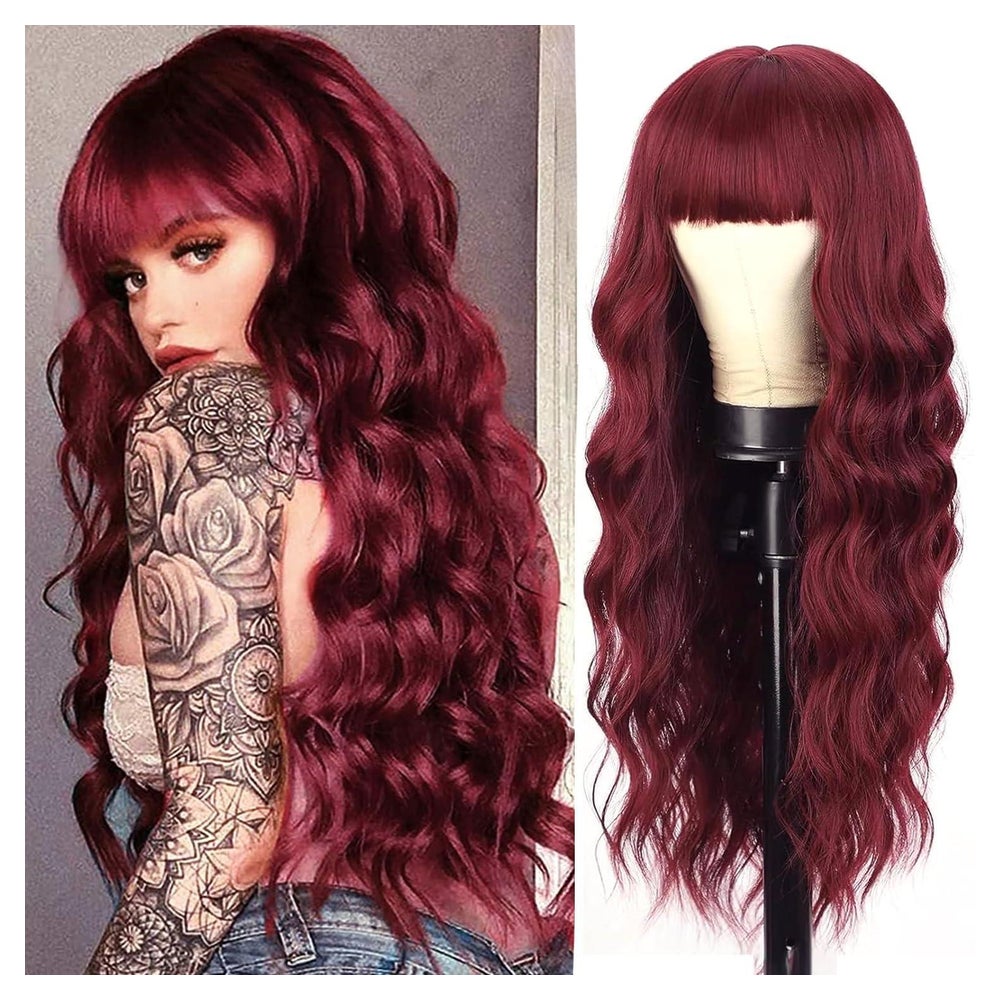 Perücke Damen Rot Pony Lang Wellig Locken Haare 28 Zoll Wein 1 St