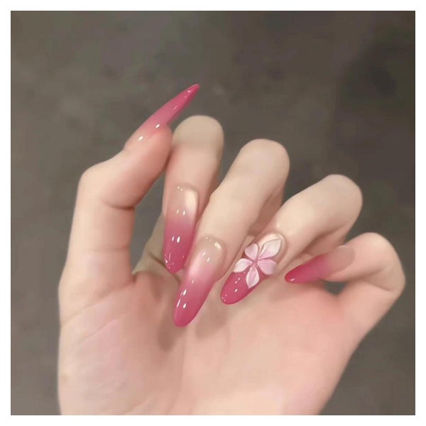 Fingernägel Lang Almond Ombre Rosa 3D Blumen Nagelkleber AHE 1 St