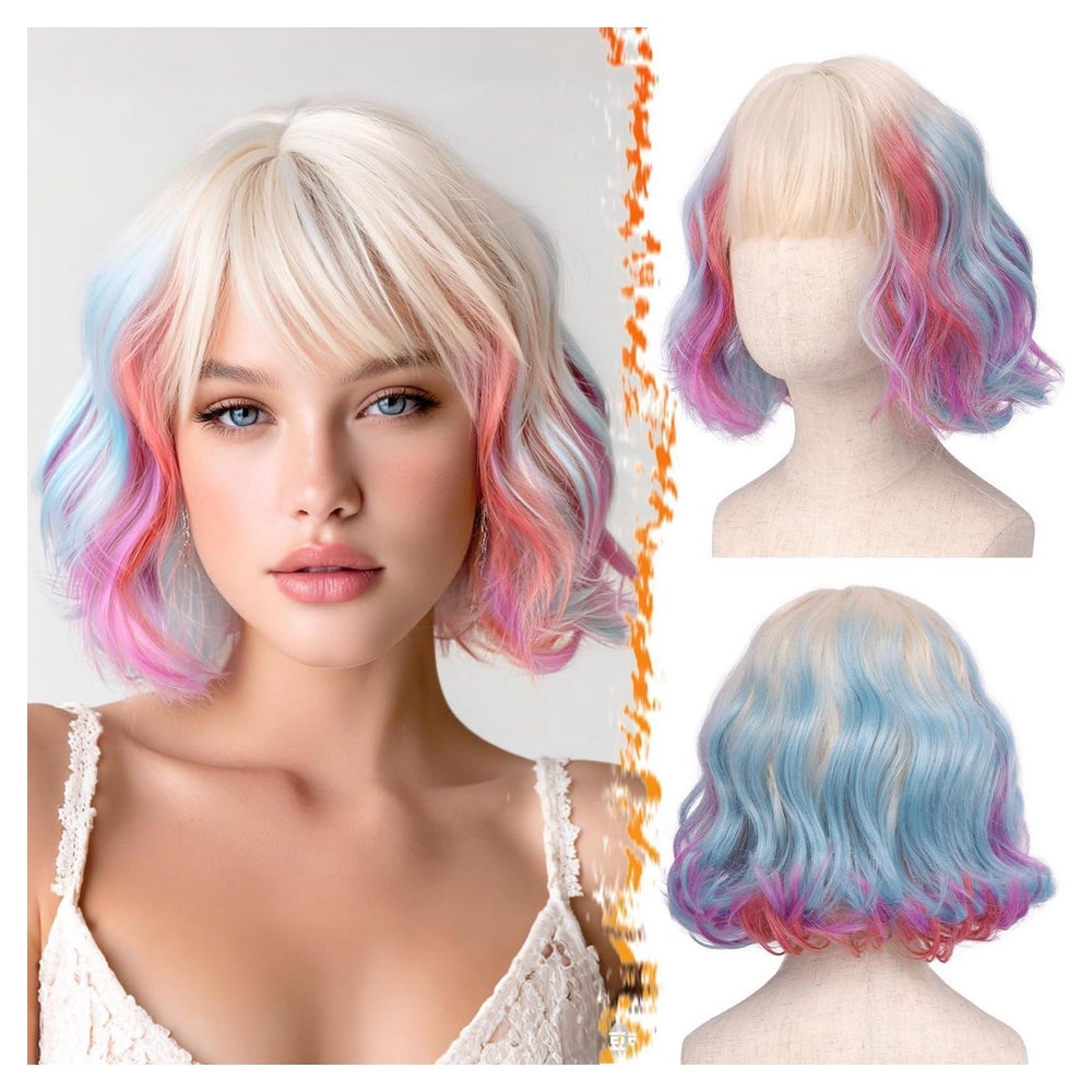 Perücke Kurz Gewellt Pony Lockig Blond Ombre Rosa Blau Lila 1 St