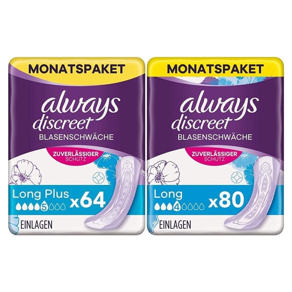 Always Discreet Inkontinenzeinlagen Long Plus, Monatspaket, 4 x 16 Stück & Discreet Inkontinenzeinlagen Long, Monatspaket, diskreter Schutz & hohe Saugstärke, 80 Binden, 4 x 20 Stück 1 St