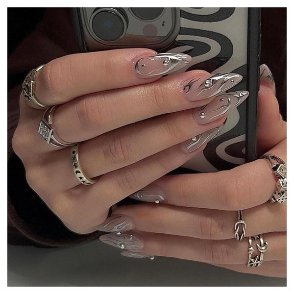Press On Nägel 24PCS Stiletto Silberne Linie 3 1 St