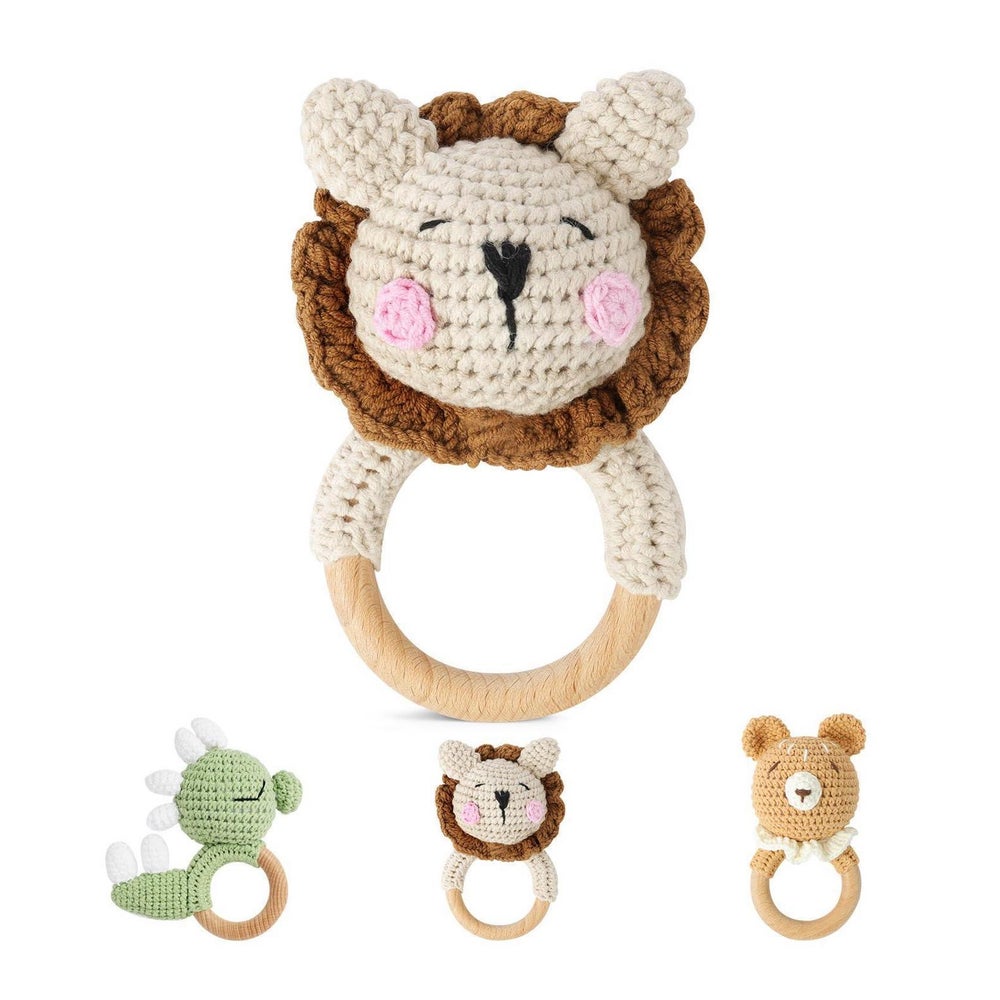 Babyrassel Holz Beißring gehäkelte Tiere Zahnring 1 St