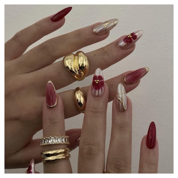 Künstliche Fingernägel Press On Kurz Almond Blumen 3D Gold Y 1 St