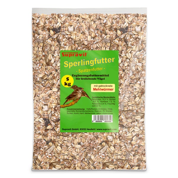 Supravit Spatzenfutter und Sperlingsfutter  Vogelfutter mit Mehlwürmern | Energie und Proteinreiches Wildvogelfutter Ganzjahresfutter 5 kg