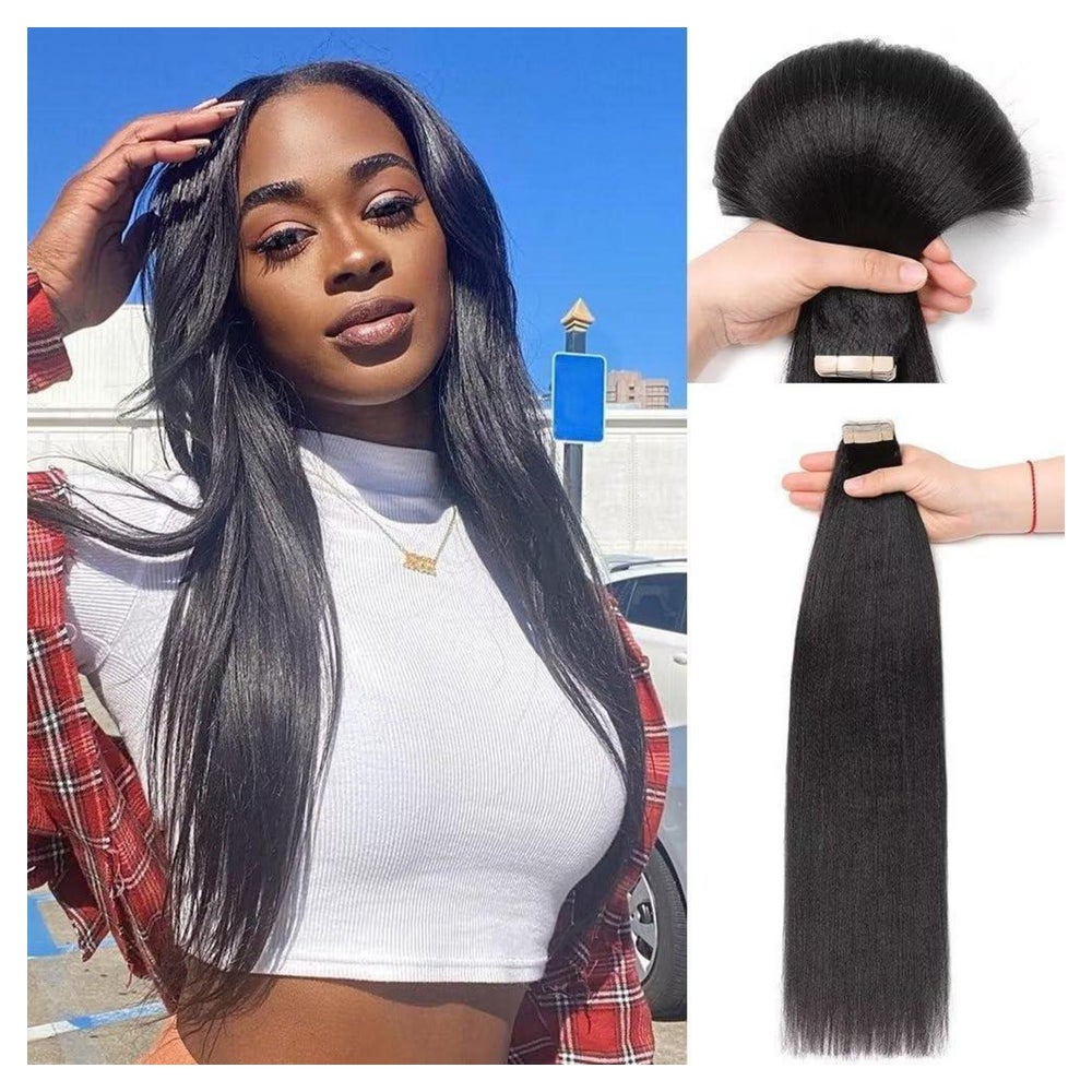 Tape Extensions Echthaar Schwarz Yaki 1B#-YK 20zoll-50.8cm(2 1 St