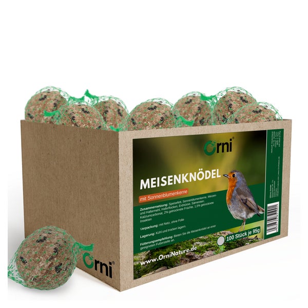 ORNI Meisenknödel 100 Stück mit Netz und Sonnenblumenkernen | Leckere Meisenknödel für heimische Wildvögel 0,5 kg