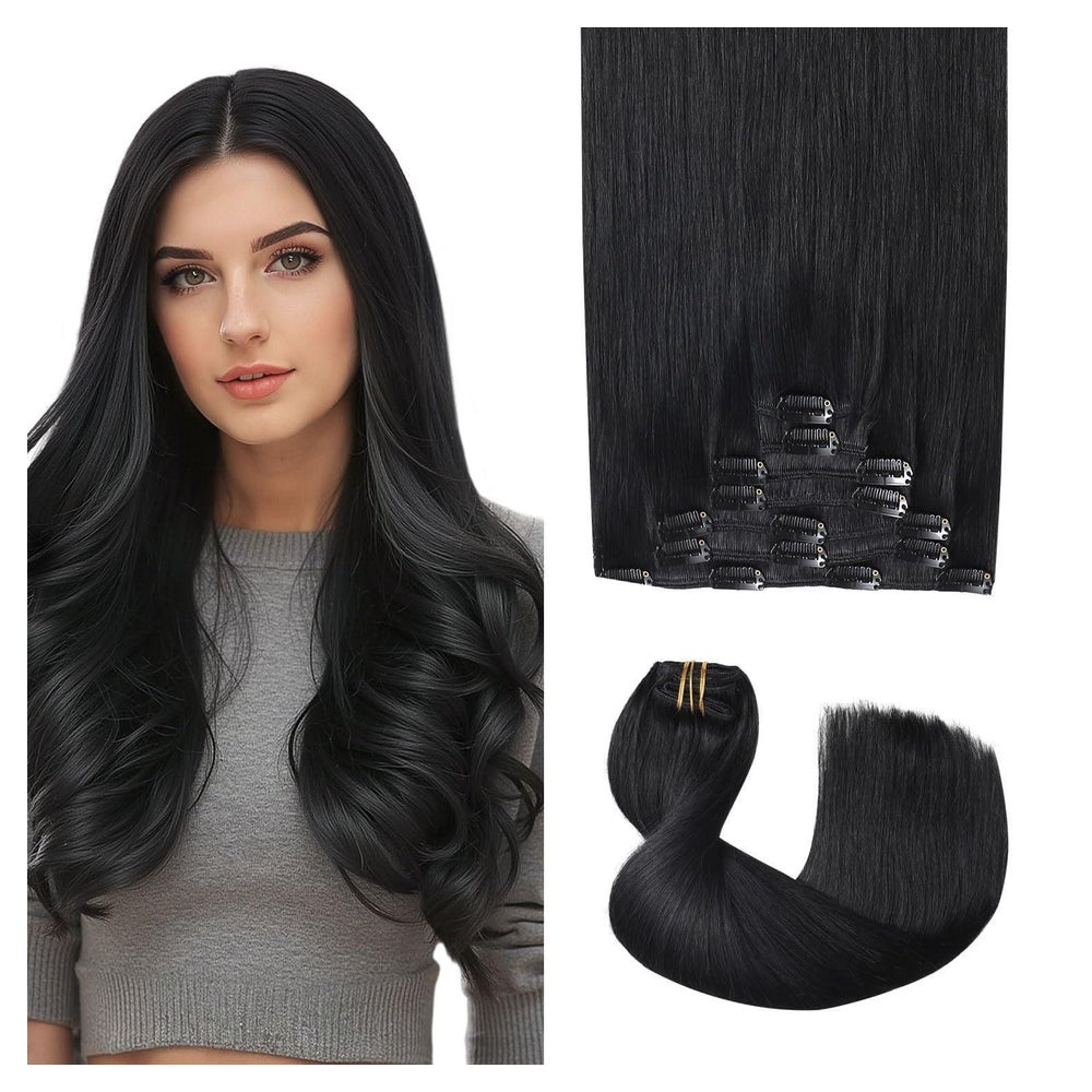 Clip in Extensions Echthaar Remy 7 Stück 45cm #1 Tief Schwar 1 St
