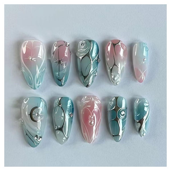 Press on Nägel 24er Almond Pink Blau Gradient Sterne Perlen 1 St