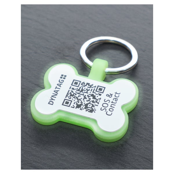 Hundemarke Knochenform Silikon Glow Grün – QR-Code Tier-ID mit Online-Profil 1 St