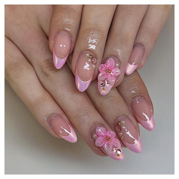 Künstliche Nägel Kurz Almond Rosa 3D Blumen Strass FC-B20 1 St