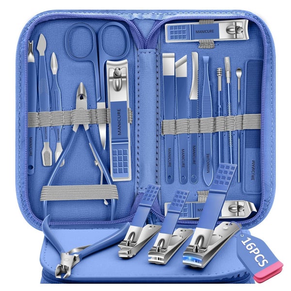 BLESWIN Maniküre & Pediküre Set, 16 Teile, Professionell, mit Reiseetui, Blau