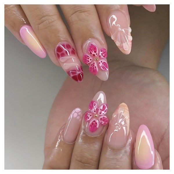 Künstliche Fingernägel Kurz Almond Nude French 3D Blumen FC- 1 St