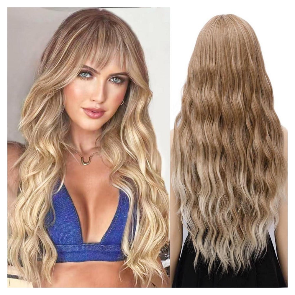Perücke Damen Lang Wellig Lockig Blond Braun Pony 28 Zoll Br 1 St