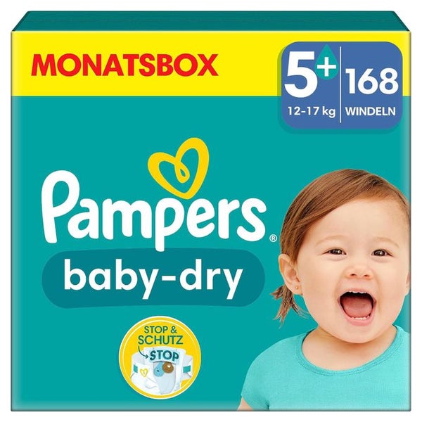 Pampers Baby Dry Windeln Größe 5+ Junior Plus, 12-17 kg – doppeltes Sicherheitsbündchen - 1 Monatsbox = 168 Windeln 168 St
