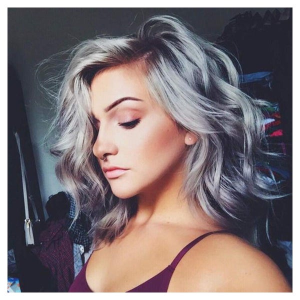 Perücke gewellter Bob mit Pony grau Ombre braun 14 Zoll 1 St