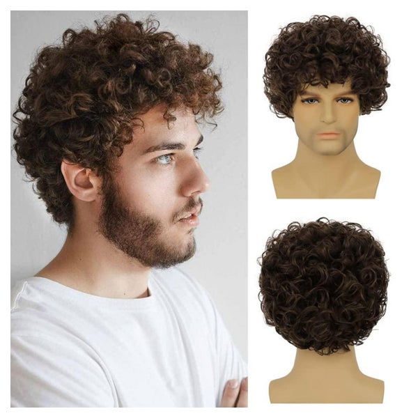 Beweig Kurze Herren Perücke Braun Geschichtet Gelockt Synthetisch für Halloween