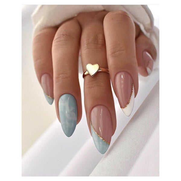 Falsche Nägel Acryl Kurz Mandel Weiß French 24 Stück Blue Qu 1 St