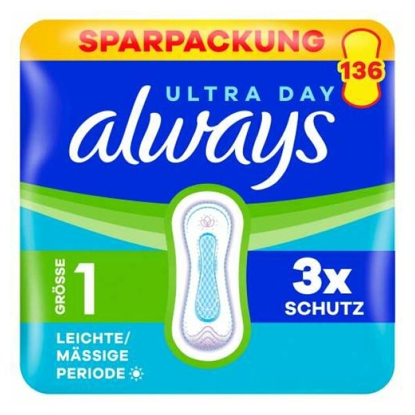 Always Ultra Binden Damen Gr. 1, Normal, 136 Damenbinden ohne Flügel (4 x 34 Stück) Multipack, ultradünn und super absorbierend 1 St