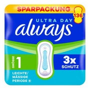 Always Ultra Binden Damen Gr. 1, Normal, 136 Damenbinden ohne Flügel (4 x 34 Stück) Multipack, ultradünn und super absorbierend 1 St