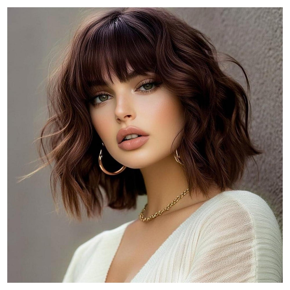 Perücke Bob kurz Pony Damen Synthetik lockig 12 Zoll Dunkelb 1 St