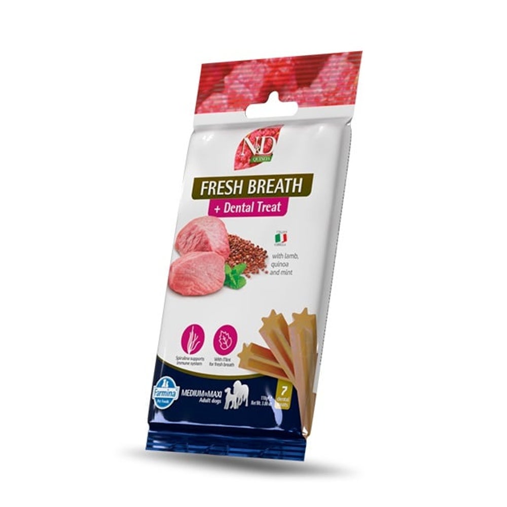 FARMINA N&D Quinoa Dental Treat Fresh breath Medium/Maxi (7 szt) Zahnpflege-Leckerli für mittelgroße und große Hunde 0,1 kg