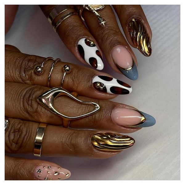Künstliche Fingernägel Press on French Blau 3D Gold Leopard 1 St
