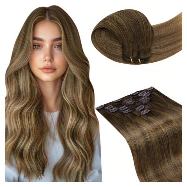 LaaVoo Echthaar Clip-in Extensions 45cm 120g Aschiges Hellbraun/Beige (7tlg)