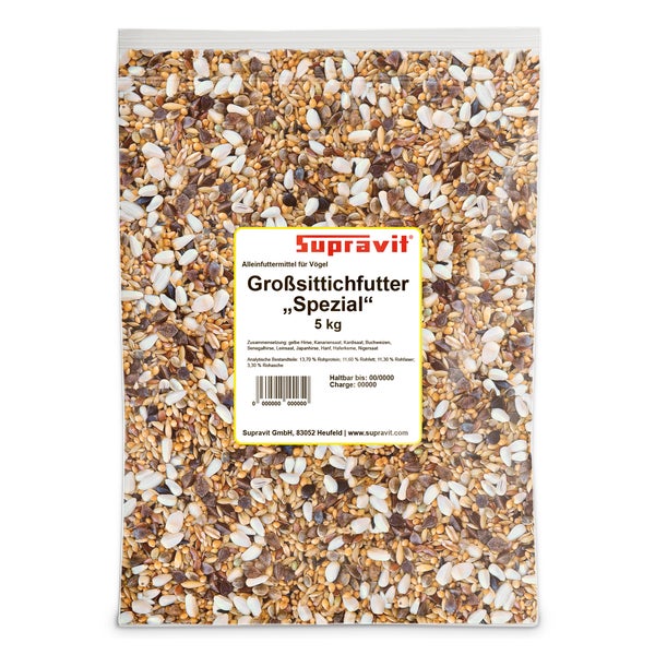 Supravit Vogelfutter Großsittiche Spezial  - leicht bekömmliches Sittich Futter ohne Sonnenblumenkerne I schmackhaftes Alleinfutter für Ziervögel & Papageien 5 kg