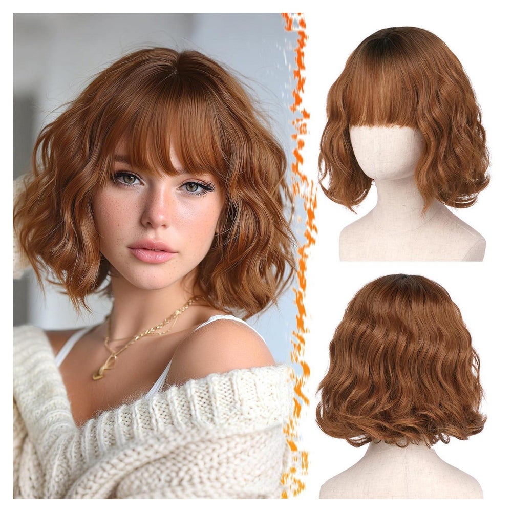 Perücke Kurz Gewellt Pony Synthetisch French Bob Ombre Aubur 1 St