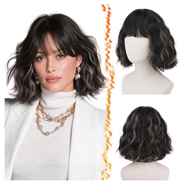 Perücke Bob kurz gewellt Pony Schwarz Mix Blond Highlights 3 1 St