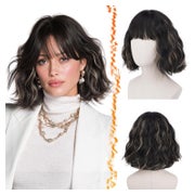 Perücke Bob kurz gewellt Pony Schwarz Mix Blond Highlights 3 1 St