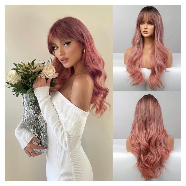 Honygebia Ombre Pink Perücke mit Pony - Lange Gerade Gewellte Synthetik Haar