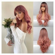Honygebia Ombre Pink Perücke mit Pony - Lange Gerade Gewellte Synthetik Haar