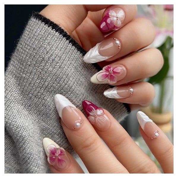 Künstliche Nägel Kurz French 3D Hibiskus Perle Nagelkleber B 1 St