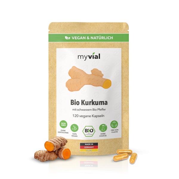 myvial® Bio Kurkuma 120 Kapseln + schwarzem Bio Pfeffer vegan 120 St