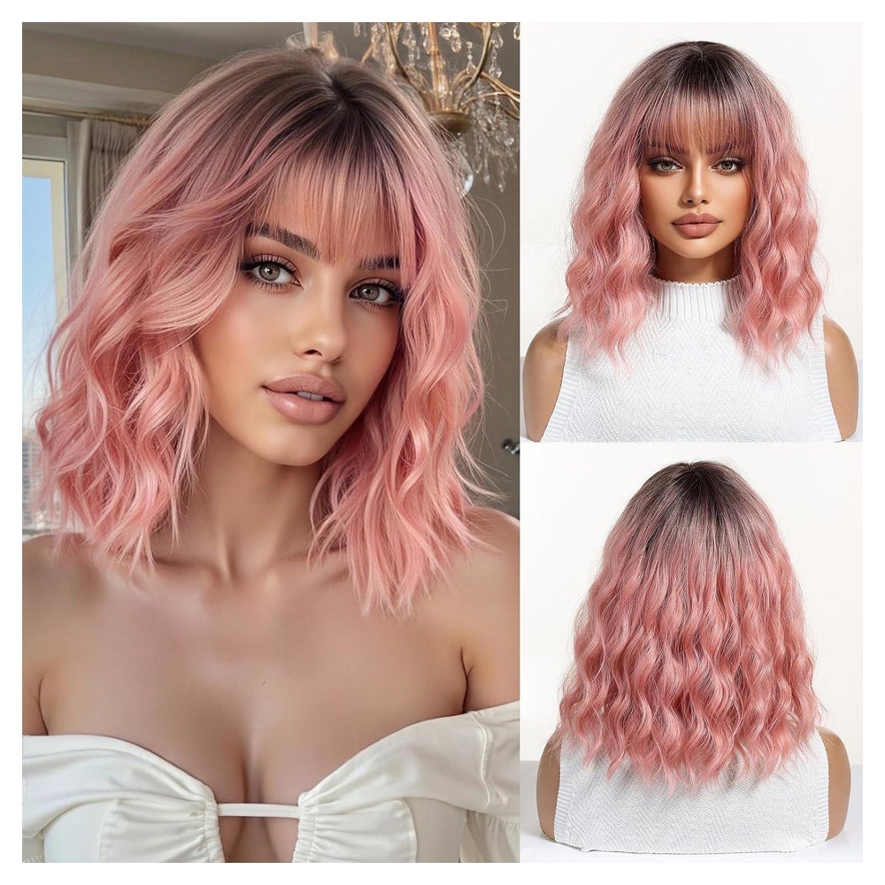 Perücke Bob rosa kurz gewellt Pony synthetisch Ombre rose(63 1 St