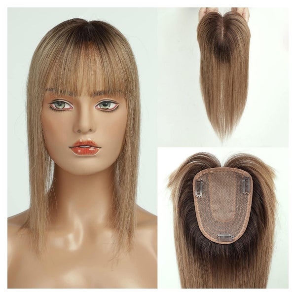 Topper mit Pony 100% Echthaar Seidenbasis Clip 150% Dichte 1 St