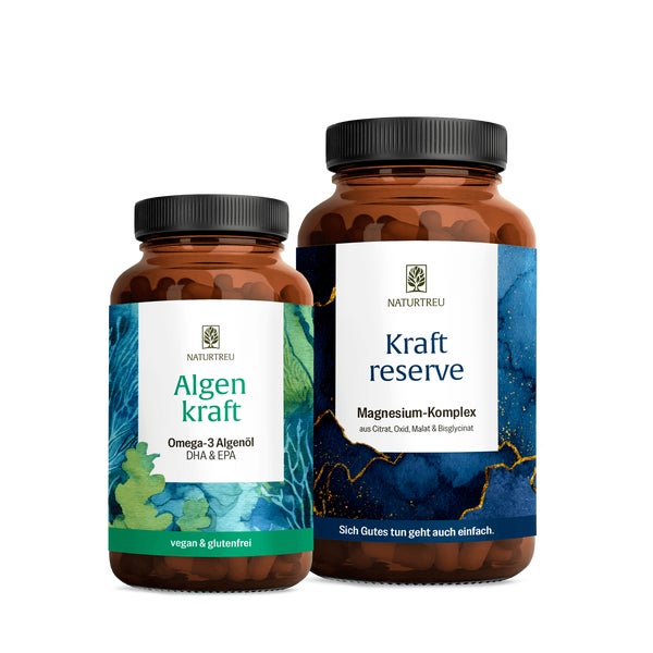 Gut-Gerüstet-Paket: Omega 3 Algenöl & Magnesium in einem veganen Bundle - ALGENKRAFT & KRAFTRESERVE - NATURTREU® 215.9 g