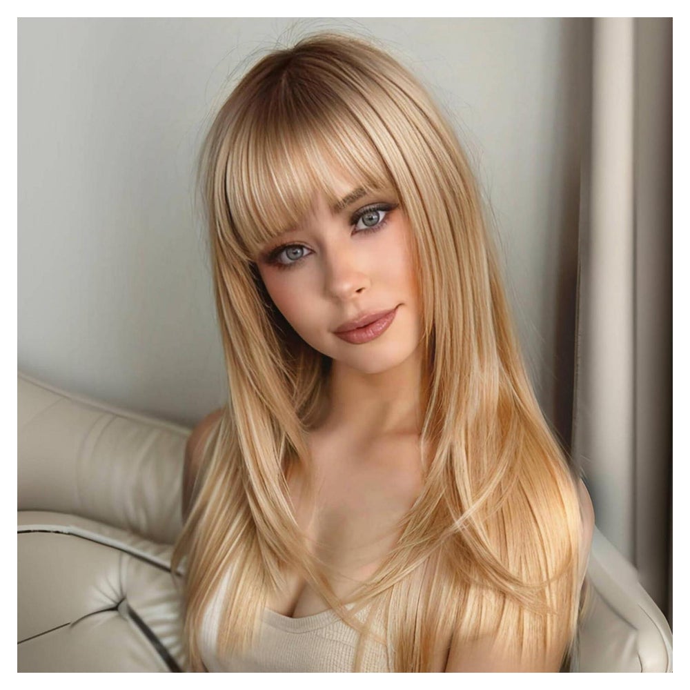 Perücken lang gerade Fransen Synthetik blond Frauen Licht Bl 1 St