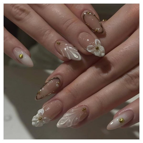 Künstliche Fingernägel French Weiß 3D Blumen Perle Kurz FC-A 1 St