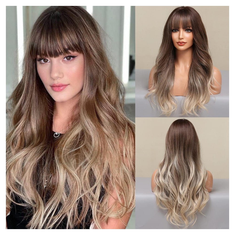 Perücke Pony Locken Ombre Ashblond Kunstfaser Damen Braun bi 1 St