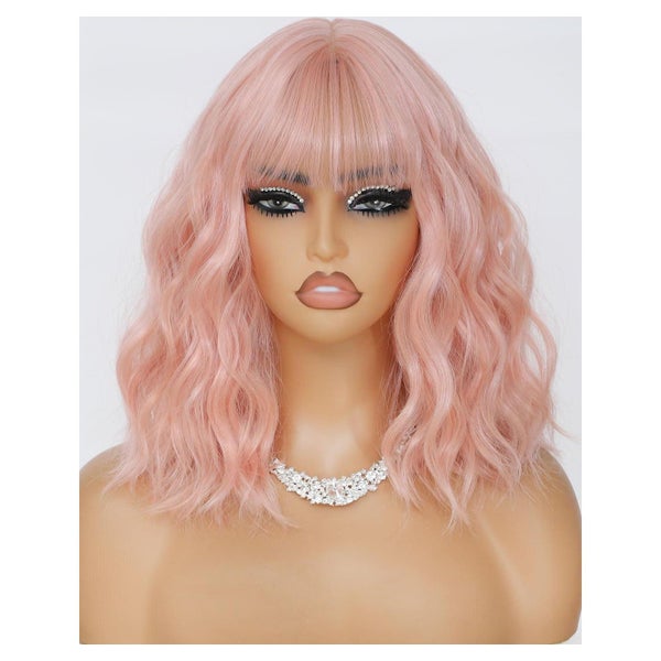 MINGLONG Synthetische Bob Perücke mit Pony, Kurzhaar Damenperücke, Roségold