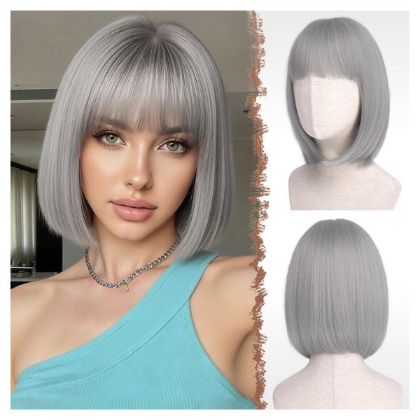 FESHFEN Graue Bob Perücke mit Pony, 30cm Synthetik Wig für Cosplay, Party