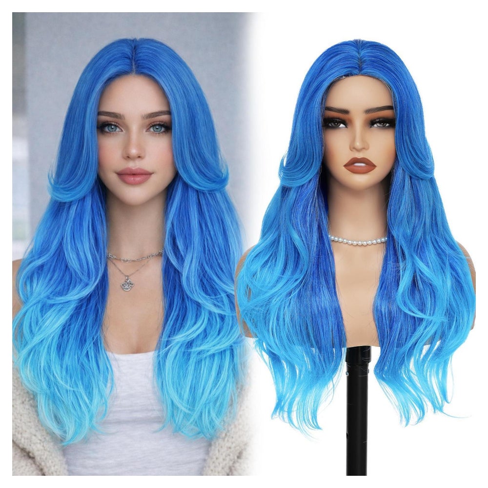 Perücke Ombre Blau 66 cm Vorhangpony gewellt 26 Inch Ombré B 1 St