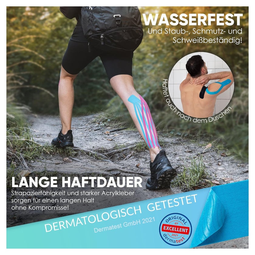 Health Press® Kinesiotapes – 2 Rotoli di Tape Kinesiologico (Blu + Rosa) 5cm x 5m | Tape per Fisioterapia e Sport | Impermeabile ed Elastico | Delicato sulla Pelle – Testato Dermatologicamente