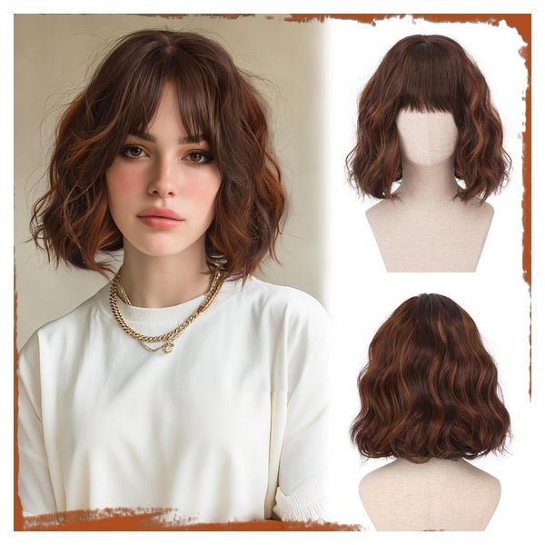Perücke Bob kurz gewellt Pony Damen synthetisch 30cm Braune 1 St