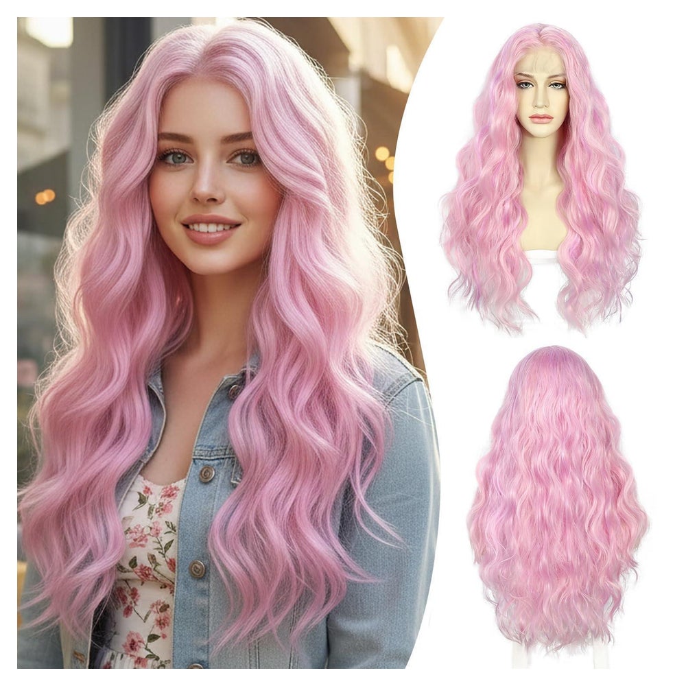 Perücke Lace Front wellig lang hitzebeständig Hell Pink High 1 St