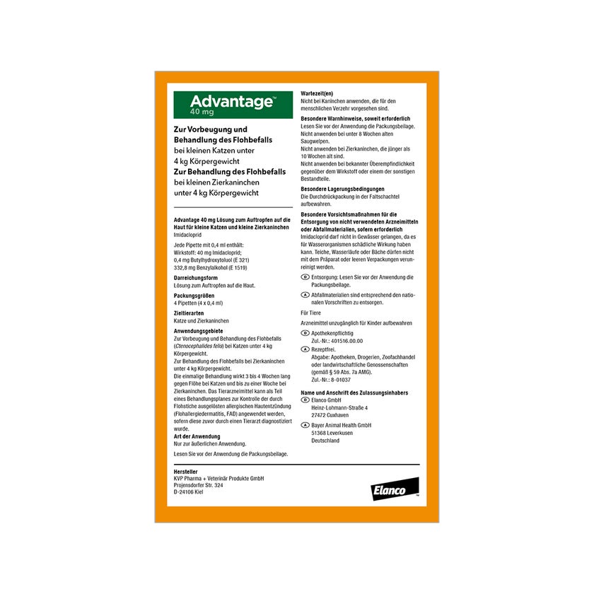 Advantage 40 mg Katzen und Zierkaninchen bis 4 kg 4X0,4 ml