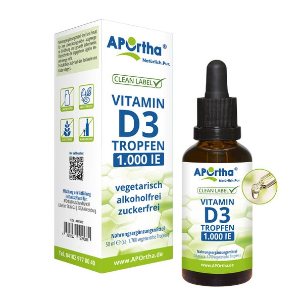 APOrtha® Vitamin D3 1.000 IE pro Tropfen - Cholecalciferol - vegetarische Tropfen 50 ml