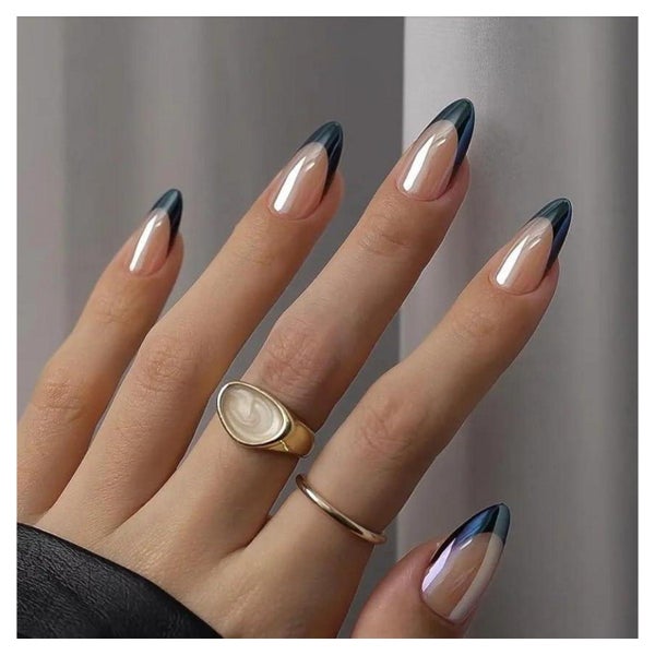 Falsche Nägel Schwarz French Tip Press On Mandel Chrom 24 St 1 St